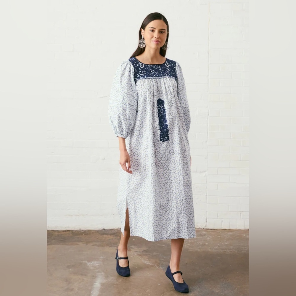 Mi Golondrina Quina Midi Dress Hand-Embroidered Azul Floral White Blue Small NWT